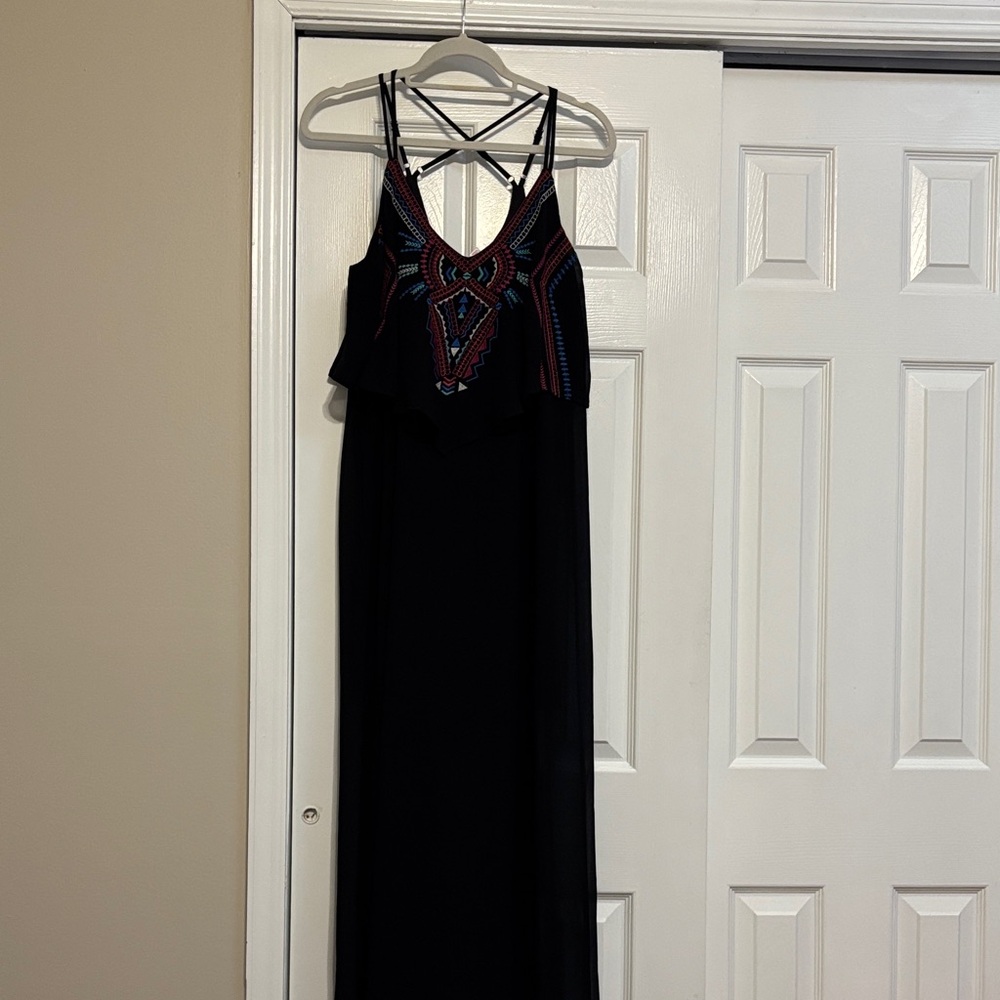 Xhilaration Black Maxi Dress with Vibrant Embroidery
